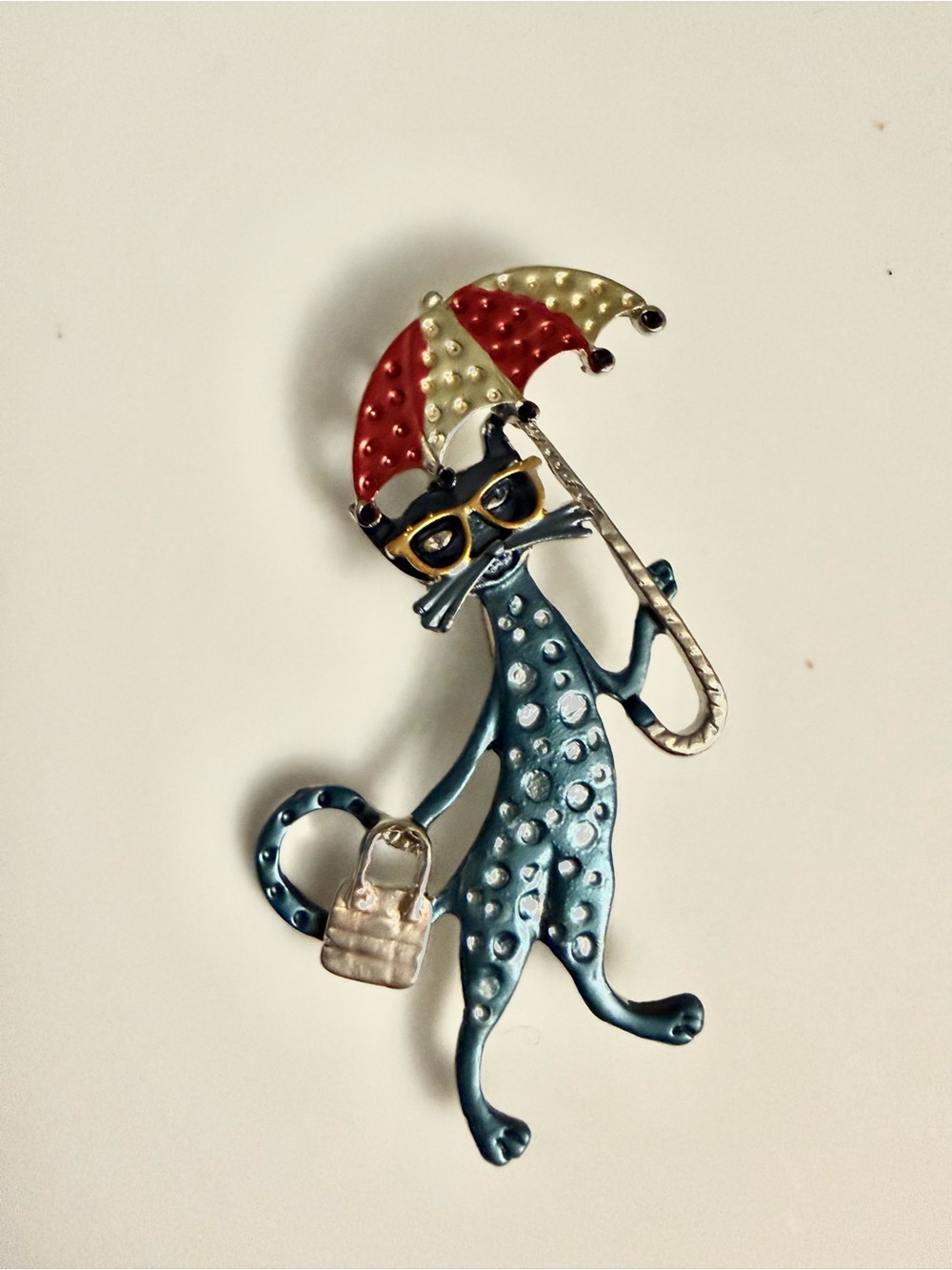 Brooch Whimsical Blue Cat with Red & Gold Umbrella Purse Sunglasses #12